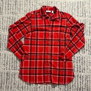 Susan graver red plaid long sleeve button down shirt top blouse size XS